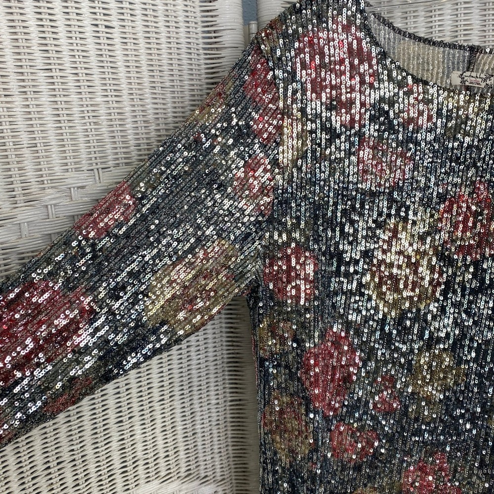 Free People Intimately Sequin Mesh Floral Top Silver Pastel Sparkle Glam XL - Picture 4 of 10